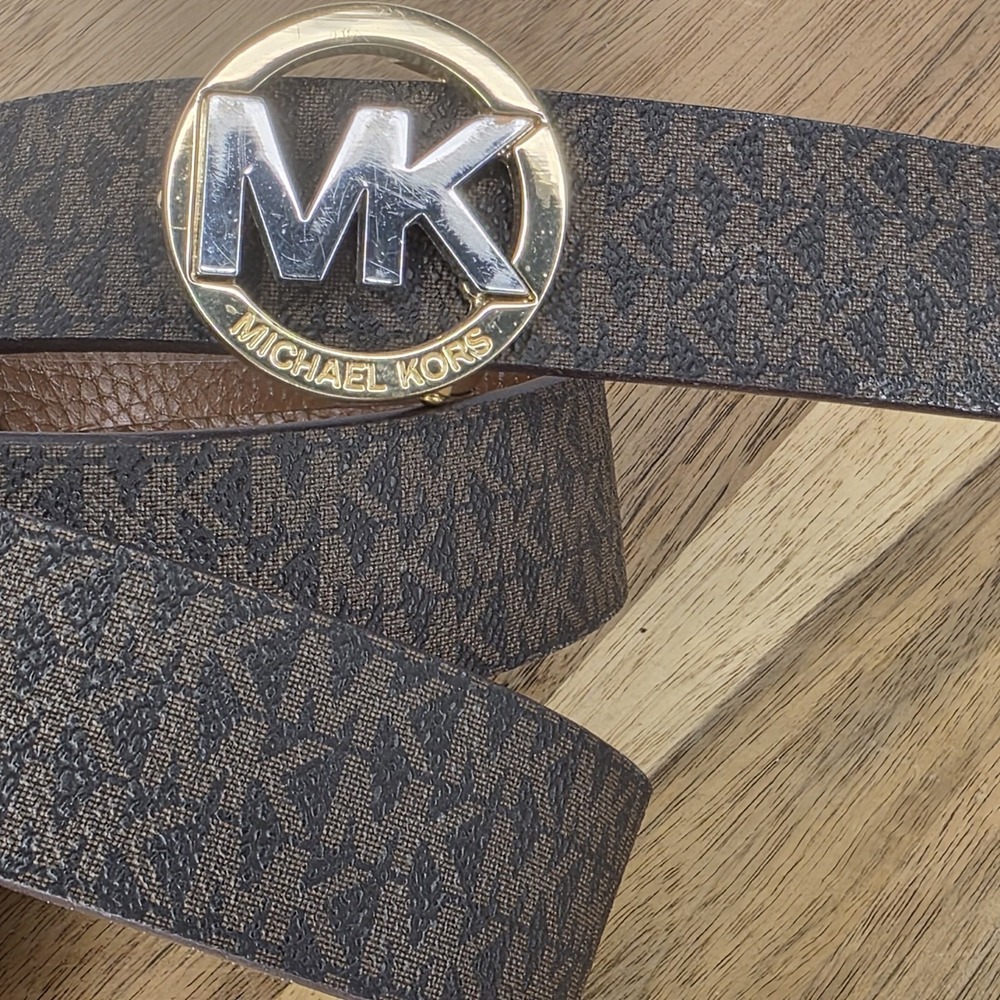 MICHAEL KORS Women MK Signature Reversible Belt Brown Signatur Gold Silver LARGE - Picture 2 of 5